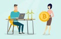 Woman investing bitcoins in green technology. Royalty Free Stock Photo