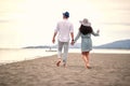 Caucasian young adult couple in love walking barefoot on sandy beach, holding hands Royalty Free Stock Photo
