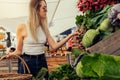 Blond young woman with basket buying radish at market Royalty Free Stock Photo