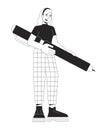 Caucasian young woman writer fountain pen black and white 2D line cartoon character Royalty Free Stock Photo