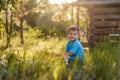 Caucasoid short-haired five-year-old boy sitting in the tall grass in the garden in the summer