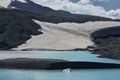 Caucasus Elbrus majestic mountain peak, blue sky lake, snow covered glacier, rocky landscape, alpine scenery Royalty Free Stock Photo