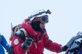 Caucasus / Russia - 07.15.2018 Group of climbers climbing mountain peaks.