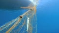 Caught Fish in Net Hanging From Boat Under Sea