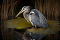 caught in wetland pond large heron with white neck