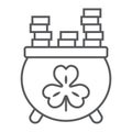 Cauldron with coins thin line icon, st patrick`s day and holiday, cauldron full of gold sign, vector graphics, a linear