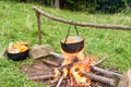 Cauldron with cooking boiling on the fire Royalty Free Stock Photo