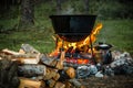 A cauldron for cooking is on the fire Royalty Free Stock Photo