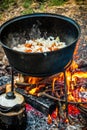 A cauldron for cooking is on the fire Royalty Free Stock Photo