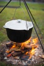 Cauldron on fire for cooking hot food in nature