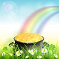 Patrick Day Rainbow on Blue Nature Background with Leprechauns Gold Royalty Free Stock Photo