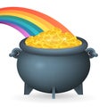 Cauldron leprechaun treasure rainbow gold coins saint patrick day isolated 3d icon design vector illustration Royalty Free Stock Photo