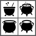 Cauldron with  magic potion and empty pot. Silhouette halloween icon set. Vector illustration with black shapes isolated on white Royalty Free Stock Photo