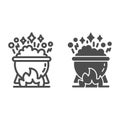 Cauldron with magic potion on fire line and solid icon, halloween concept, pot of boiling potion sign on white