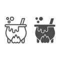 Cauldron with magic potion on fire line and solid icon, halloween concept, witch pot of boiling potion sign on white Royalty Free Stock Photo