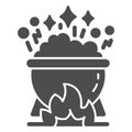 Cauldron with magic potion on fire solid icon, halloween concept, pot of boiling potion sign on white background, bowler