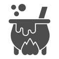 Cauldron with magic potion on fire solid icon, halloween concept, witch pot of boiling potion sign on white background