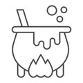 Cauldron with magic potion on fire thin line icon, halloween concept, witch pot of boiling potion sign on white