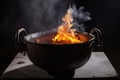 cauldron of molten metal, with smoke rising from the flames