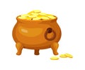 Cauldron treasure. Cartoon pot or kettle with golden coin or treasures for ui game, cartoon vector