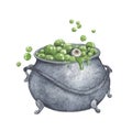 Cauldron witch pot with green poison and eyeballs. Watercolor illustration.