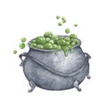 Cauldron witch pot with green poison. Watercolor illustration.