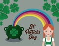 Cauldron with woman irish and rainbow of st patrick day