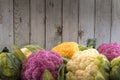 Cauliflower cabbage on wooden background with place for note Royalty Free Stock Photo