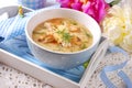 Cauliflower cream soup with chicken and parmesan cheese Royalty Free Stock Photo