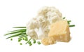 Cauliflower, green spring onions and cheese isolated on white background. Soup ingredients Royalty Free Stock Photo