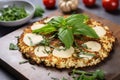 cauliflower pizza garnished with herbs on a round stone Royalty Free Stock Photo