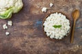 Cauliflower rice in a bowl. Top view, overhead, copy space. Royalty Free Stock Photo