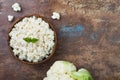 Cauliflower rice in a bowl. Top view, overhead, copy space. Royalty Free Stock Photo