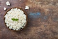 Cauliflower rice in a bowl. Top view, overhead, copy space. Royalty Free Stock Photo