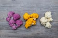 Cauliflower and romanesco broccoli on wooden background. Healthy food concept Royalty Free Stock Photo