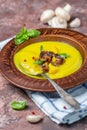 Cauliflower soup with mushrooms, garlic and turmeric Royalty Free Stock Photo