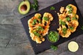 Cauliflower steaks top view on a slate background, healthy plant based meat substitute concept