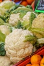 Cauliflower at the vegetable market stand. Healthy and wholesome food Royalty Free Stock Photo