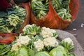 cauliflowers and cabbages being sold in vegetable market of kolkata. popular winter seasonal veggies for bengalis