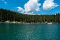 Caumasee mountain lake in the Swiss Alps swimmers on a floating raft sunny summer time clear turquoise water mountains in the Royalty Free Stock Photo