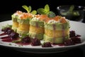 Causa Rellena, a tantalizing layered dish featuring delicate mashed potatoes filled with succulent chicken, flavorful tuna, or