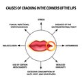 Causes of lip cracks. Cracks in the corners of the mouth. Infographics. Vector illustration on isolated background.