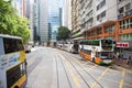 Causeway Bay,Hong Kong S.A.R.-July 13,2017:Colorful Advertisement Double decker public bus queue in line on street in downtown. H