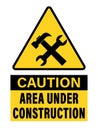 Caution, area under construction. Warning yellow triangle sign with stmbol and text.