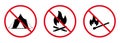 Caution Ban Bonfire Matchstick Black Silhouette Icon Set. Prohibit Camping Fire Zone. Forbidden Camp Area Pictogram Royalty Free Stock Photo