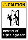 Caution Beware Opening Door Sign On White Background Royalty Free Stock Photo