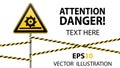 Caution, cutting shafts. Safety sign. Sign on pole with ribbons. Yellow triangle, metal pillar, protective tapes