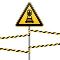 Caution - danger Warning sign safety. Beware of the train. A yellow triangle with a black image. The sign on the pole and protecti Royalty Free Stock Photo