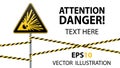 Caution - danger Warning sign safety. Explosive substances. yellow triangle with black image. sign on the pole and protecting ribb Royalty Free Stock Photo