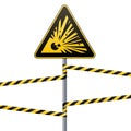 Caution - danger Warning sign safety. Explosive substances. A yellow triangle with a black image. The sign on the pole and protect Royalty Free Stock Photo